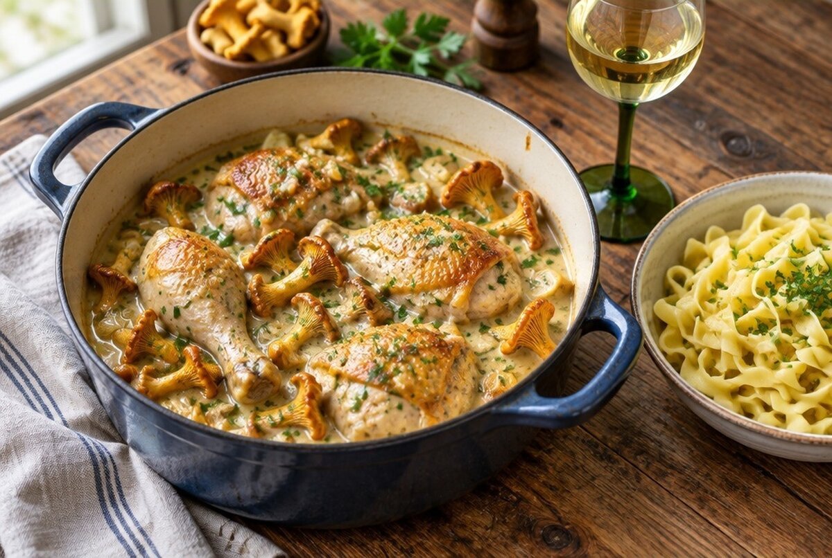 Coq au riesling with noodles