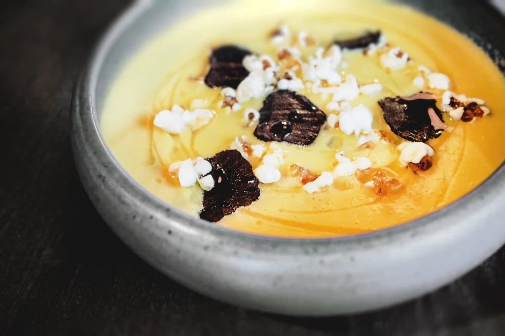 Fresh corn soup with truffle popcorn