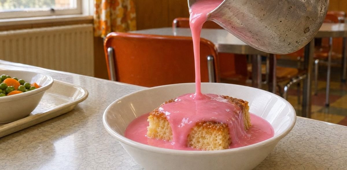 Pink custard poured over sponge